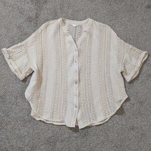 KAKTUS Ivory Crochet Lace Short Sleeve Button Blouse; Size L
